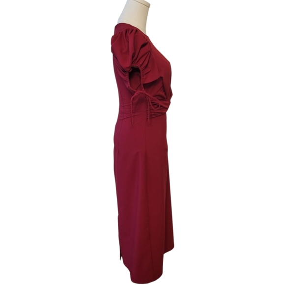 NDK Deep Red Puff Sleeve Midi Length Dress Size Small - Picture 3 of 5